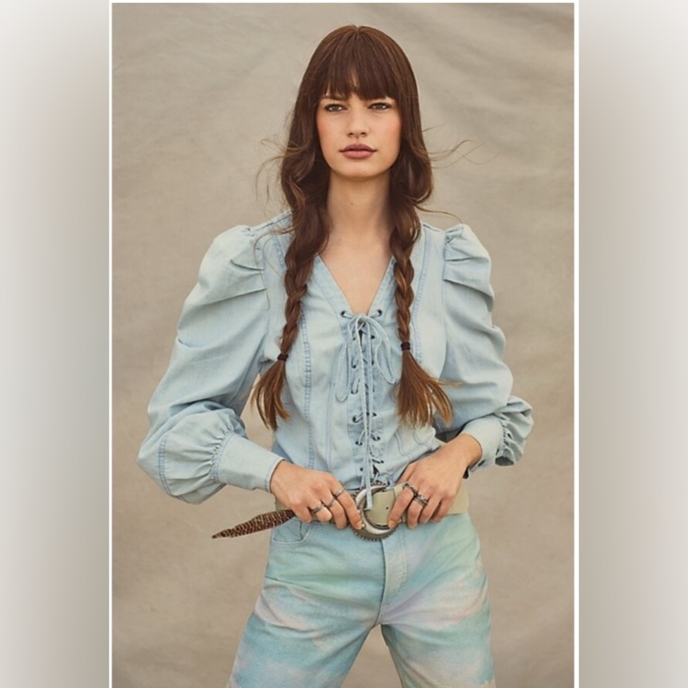 Light Blue Lace-Up Denim Blouse